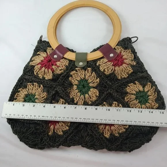 Jute Floral Crochet Handbag Purse Tote Boho Flowers Patchwork Wood Handle Bag - Picture 14 of 14